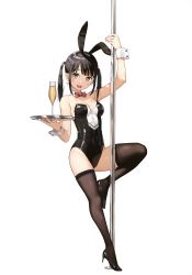 Rule 34 | 1girl, :d, absurdres, animal ears, arm up, bare arms, bare shoulders, black footwear, black hair, black leotard, bow, bowtie, breasts, brown eyes, brown thighhighs, cup, detached collar, drinking glass, fake animal ears, full body, high heels, highres, holding, holding tray, kantoku, latex, leg up, leotard, long hair, looking at viewer, medium breasts, open mouth, original, playboy bunny, pole, rabbit ears, scan, sidelocks, simple background, smile, solo, strapless, strapless leotard, stripper pole, thighhighs, thighs, tray, twintails, white background, wine glass, wrist cuffs