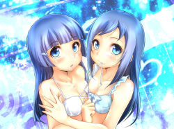 Rule 34 | 10s, 2girls, :o, aoki reika, artist request, bare arms, bare shoulders, bikini, blue background, blue bikini, blue eyes, blue hair, blue theme, blush, breast press, breasts, cleavage, clenched hand, collarbone, crossover, dokidoki! precure, female focus, from above, hair ornament, hands on another&#039;s shoulders, hime cut, hishikawa rikka, long hair, looking at viewer, looking up, mouth hold, multiple girls, neck, open mouth, precure, small breasts, smile, smile precure!, swimsuit, symmetrical docking, upper body, white bikini, yuri