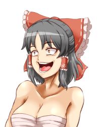 Rule 34 | 1girl, :d, bare shoulders, black hair, bow, breasts, cleavage, collarbone, commentary request, constricted pupils, cookie (touhou), enperuto (yarumi), frilled bow, frills, gesugao, hair bow, hair tubes, hakurei reimu, manatsu no yo no inmu, medium breasts, open mouth, parody, red bow, sananana (cookie), sarashi, sidelocks, simple background, smile, solo, tongue, touhou, transparent background, upper body, white background, yellow eyes