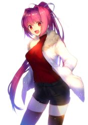 Rule 34 | 1girl, :d, arms behind back, coat, hair ribbon, kneehighs, looking at viewer, md5 mismatch, open mouth, ponytail, purple hair, red eyes, resized, ribbon, smile, snow, socks, solo, sweater, under night in-birth, yusano, yuzuriha (under night in-birth)