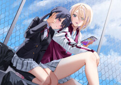 Rule 34 | 2girls, absurdres, arm rest, bag, black bag, black hair, black jacket, black socks, blazer, blonde hair, blue eyes, blue sky, brown eyes, candy, cellphone, chain-link fence, chigusa minori, cloud, cloudy sky, collared shirt, copyright notice, day, fence, food, fukiyama rei, grey skirt, hair over one eye, hajimete no sabotage, hand on own knee, hand rest, highres, holding, holding phone, jacket, juice box, lollipop, long sleeves, looking at another, multicolored clothes, multicolored jacket, multiple girls, non-web source, official art, open clothes, open collar, open jacket, outdoors, parted lips, phone, plaid, plaid skirt, pleated skirt, pocket, ponytail, protagonist (hajimete no sabotage), red jacket, rubbing eyes, school bag, school uniform, shirt, short hair, sitting, skirt, sky, socks, track jacket, two-tone jacket, white jacket, white shirt, yuri