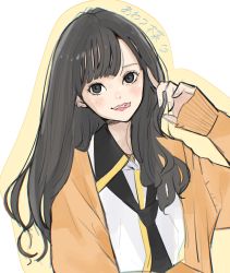 Rule 34 | 1girl, :q, arm at side, assault lily, awatsu mai, black eyes, black hair, black necktie, blush, cardigan, character name, collared shirt, commentary request, cosplay, earrings, hand up, heart, highres, index finger raised, jewelry, kawamura yuzuriha, kawamura yuzuriha (cosplay), long hair, long sleeves, looking at viewer, loose necktie, mole, mole above mouth, mole under eye, necktie, odaiba girls high school uniform, open cardigan, open clothes, orange cardigan, parted lips, real life, sally (allogkk), school uniform, shirt, sketch, sleeves past wrists, smile, solo, swept bangs, tongue, tongue out, translated, two-tone background, upper body, voice actor, voice actor connection, wavy hair, white background, white shirt