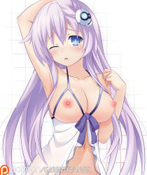 Rule 34 | 1girl, ;o, arm up, armpits, babydoll, bare shoulders, blue eyes, blush, breasts, bright pupils, choujigen game neptune, commentary, english commentary, gabriel evangel, hair ornament, highres, large breasts, long hair, looking at viewer, navel, nepgear, neptune (series), nippleless clothes, nipples, one eye closed, parted lips, patreon username, purple hair, purple ribbon, purple sister, ribbon, solo, underwear, underwear only, upper body, very long hair