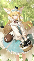 Rule 34 | 1girl, absurdres, animal ears, arknights, basket, black cat, blonde hair, blue dress, blush, cat, dress, feet out of frame, flower, forest, fox ears, fox girl, fox tail, frilled dress, frills, green eyes, hair between eyes, highres, holding, holding basket, kitsune, long hair, long sleeves, looking at viewer, lulumao, luo xiaohei, multicolored hair, multiple tails, nature, neck ribbon, official alternate costume, open mouth, outdoors, red ribbon, ribbon, solo, streaked hair, suzuran (arknights), suzuran (spring praise) (arknights), tail, teeth, luo xiaohei zhanji, tree, upper teeth only, white flower, white hair
