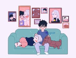 Rule 34 | 2boys, alternate hair length, alternate hairstyle, aqua eyes, artist name, baby, bad id, bad twitter id, black hair, blue shirt, blush, brown dog, brown eyes, closed eyes, couch, dog, grey hair, hair over one eye, hand on another&#039;s head, highres, jewelry, katsuki yuuri, lap pillow, long hair, looking at viewer, lying, male focus, meyoco, multiple boys, on side, open mouth, pants, photo (object), pink pants, profile, purple pants, ring, shirt, short hair, sitting, viktor nikiforov, wedding band, wide shot, yuri!!! on ice