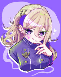 Rule 34 | 1girl, asymmetrical hair, blonde hair, blush, breasts, closed mouth, colored eyelashes, cropped torso, ear piercing, facial tattoo, hair between eyes, hand on own chin, hand up, jacket, long hair, long sleeves, looking at viewer, master detective archives: rain code, medium breasts, melami goldmine, multiple piercings, nagipon (relativity eins), piercing, purple background, purple eyes, purple jacket, smile, solo, symbol in eye, tattoo, tongue, tongue out, undercut, upper body