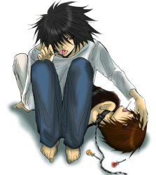 Rule 34 | 00s, 2boys, bags under eyes, barefoot, bdsm, black eyes, black hair, bondage, bound, boy on top, brown eyes, brown hair, candy, chain, collar, death note, denim, food, full body, jeans, l (death note), lollipop, lying, male focus, multiple boys, pants, short hair, simple background, sitting, sitting on person, spiked hair, squatting, toes, white background, yagami light, yaoi