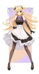 Rule 34 | 1girl, absurdres, alternate costume, apron, arm garter, asymmetrical sleeves, bad id, bad twitter id, black footwear, black gloves, black ribbon, black skirt, blonde hair, bow, bowtie, breasts, brown pantyhose, cleavage, closed mouth, detached sleeves, eyepatch, fischl (genshin impact), fishnet top, fishnets, floating hair, frilled skirt, frills, full body, genshin impact, gloves, hair between eyes, hand on own hip, high heels, highres, kottungyang, long hair, looking at viewer, maid apron, maid headdress, mismatched sleeves, pantyhose, purple bow, purple bowtie, ribbon, skirt, sleeveless, smile, standing, two side up, white background