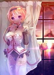 Rule 34 | 1girl, alternate costume, bad anatomy, breasts, bridal gauntlets, cleavage, cloud, cross, cross necklace, curtains, eyeball, female focus, fukuda shuushi, hairband, heart, highres, jewelry, komeiji satori, necklace, ocean, open mouth, pink hair, purple eyes, short hair, sky, solo, sunset, thighhighs, third eye, touhou, white thighhighs, window