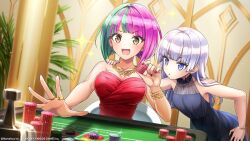 Rule 34 | 2girls, bare shoulders, blue dress, blue eyes, bracelet, breasts, casino, commentary request, dolphin wave, dress, green hair, helly lewis, highres, jewelry, large breasts, long hair, medium breasts, multicolored hair, multiple girls, necklace, official art, ootomo takuji, poker chip, purple hair, red dress, red nails, ring, roulette table, schnee weissberg, short hair, table, two-tone hair, yellow eyes