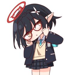 Rule 34 | 1girl, :o, ayane (blue archive), black hair, black jacket, black skirt, blazer, blue archive, blue necktie, blush, braid, brown eyes, collared shirt, commentary request, flower, glasses, hair between eyes, hair flower, hair ornament, halo, hana kazari, hands up, head tilt, highres, jacket, long sleeves, looking at viewer, necktie, open clothes, open jacket, parted lips, plaid, plaid skirt, pleated skirt, pointy ears, red-framed eyewear, revision, school uniform, shirt, simple background, skirt, solo, standing, sweater vest, white background, white flower, white shirt
