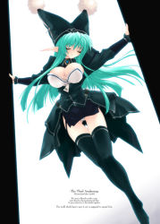 Rule 34 | 1girl, aqua hair, black thighhighs, breasts, cleavage, dress, closed eyes, fonewearl, green hair, hat, large breasts, long hair, long sleeves, miwa yoshikazu, no shoes, outstretched arms, panties, pantyshot, phantasy star, phantasy star online, pointy ears, skirt, smile, solo, spread arms, text focus, thigh gap, thighhighs, thighs, underwear, upskirt, white panties, zettai ryouiki