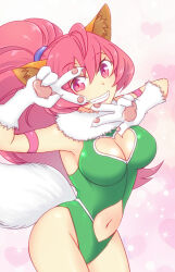 Rule 34 | 1girl, animal ears, animal hands, breasts, cat ears, cat tail, cleavage, cleavage cutout, clothing cutout, cowboy shot, double v, gloves, highres, large breasts, leotard, long hair, looking at viewer, medium breasts, natsuki megumi, navel, perisie (star ocean), pink hair, pointy ears, ponytail, smile, solo, star ocean, star ocean first departure, tail, v
