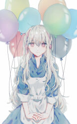 Rule 34 | 1girl, :|, apron, balloon, blue dress, blurry, closed mouth, collared dress, dress, expressionless, hair between eyes, hair over shoulder, hair ribbon, hairband, highres, kagerou project, kozakura marry, long hair, looking at viewer, mekakucity actors, muuta04, open collar, own hands together, pink eyes, pink hairband, pink ribbon, ribbon, simple background, sleeves past wrists, solo, straight-on, upper body, wavy hair, white apron, white background, white hair