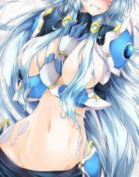 Rule 34 | 1girl, arm between breasts, between breasts, blue hair, blush, breasts, clenched teeth, dragon girl, g (genesis1556), groin, hair over breasts, hands on own chest, head out of frame, highres, large breasts, long hair, lutian (g (genesis1556)), navel, original, solo, stomach, teeth