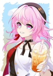 Rule 34 | 1girl, absurdres, bare shoulders, beret, black hat, black shirt, blue eyes, border, check commentary, chinese commentary, commentary request, cup, detached collar, disposable cup, drink, drinking straw, earrings, gradient background, grin, hand up, hat, highres, holding, holding drink, honkai: star rail, honkai (series), jewelry, layered clothes, march 7th (honkai: star rail), march 7th (kfc) (honkai: star rail), medium hair, muyuqianyan, open mouth, outside border, pink eyes, pink hair, ribbon, shirt, single earring, smile, solo, teeth, two-tone eyes, upper body, white border, wrist ribbon