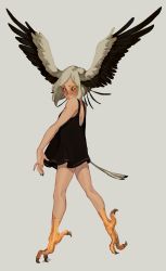 Rule 34 | 1girl, black dress, black sclera, claws, colored sclera, dress, feathered wings, female focus, from behind, full body, grey background, grey hair, head wings, highres, looking back, monster girl, original, simple background, solo, wings, yellow eyes, zambiie