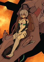 Rule 34 | 1girl, absurdres, ayanami rei, blue hair, bodysuit, breasts, cable, closed mouth, cockpit, eva 00, expressionless, frown, full body, hair ornament, highres, interface headset, looking at viewer, mackle, medium breasts, neon genesis evangelion, orange sky, plugsuit, red eyes, seat, short hair, sitting, sky, solo, white bodysuit, wire