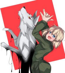 Rule 34 | 1girl, :d, absurdres, arms up, blonde hair, blue eyes, bob cut, fang, fox shadow puppet, girls und panzer, green jumpsuit, highres, jujutsu kaisen, jumpsuit, katyusha (girls und panzer), kshimu, long sleeves, looking at viewer, open mouth, pravda military uniform, shadow, short hair, short jumpsuit, skin fang, smile, standing, wolf