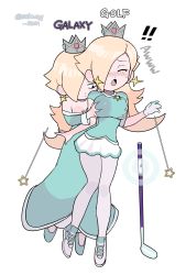Rule 34 | !, !!, 2girls, alternate breast size, alternate costume, bare shoulders, blonde hair, blue dress, blue skirt, blush, grabbing another&#039;s breast, breasts squeezed together, breasts, deep skin, dot nose, dress, dual persona, earrings, english text, expressionless, closed eyes, floating, full body, gloves, golf club, grabbing, half-closed eyes, highres, jewelry, large breasts, mario (series), mario golf, mario golf: super rush, miniskirt, moaning, multiple girls, nintendo, rosalina, selfcest, skirt, star (symbol), subway sum, super mario galaxy, tennis, wand, white background, white gloves, white legwear, yuri