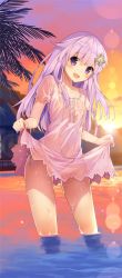 Rule 34 | 10s, 1girl, artist request, beach, blue gemstone, blush, center frills, clothes lift, cowboy shot, d-pad, dress, dress lift, female focus, four goddesses online: cyber dimension neptune, frills, from side, gem, hair ornament, head tilt, highres, legs apart, lifted by self, long hair, nepgear, neptune (series), open mouth, outdoors, pink hair, see-through, smile, solo, standing, thighs, tsunako, wading, water, water drop, wet, wet clothes, white dress