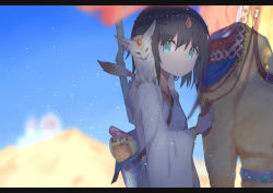 Rule 34 | 1girl, animal, animal on shoulder, aqua eyes, arabian clothes, bag, black hair, blurry, camel, closed mouth, depth of field, holding, kanase (mcbrwn18), letterboxed, long sleeves, looking at viewer, original, outdoors, satchel, scroll, solo, upper body, wide sleeves