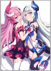 Rule 34 | 2girls, bad id, bad pixiv id, bare shoulders, black gloves, blue eyes, blue ribbon, boots, bow, choker, clothing cutout, dress, fang, frilled dress, frills, gloves, hair bow, hair ornament, hair ribbon, hairclip, holding hands, honkai (series), honkai impact 3rd, liliya olenyeva, long hair, looking at viewer, mechanical tail, multiple girls, open clothes, open dress, open mouth, pink hair, pink ribbon, purple eyes, ribbon, rozaliya olenyeva, siblings, sisters, smile, stomach cutout, tail, thigh boots, thighhighs, twins, white legwear