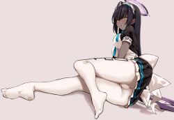 Rule 34 | 1girl, 8 (mmm st bbb), ahoge, apron, ass, black hair, blue archive, blush, breasts, closed mouth, dark-skinned female, dark skin, feet, grey background, halo, highres, karin (blue archive), knees together feet apart, large breasts, legs, long hair, looking at viewer, maid, maid headdress, multicolored hair, no shoes, pantyhose, purple hair, short sleeves, simple background, soles, solo, toes, very long hair, white apron, white pantyhose, yellow eyes