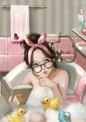 Rule 34 | 1girl, bath, bathing, bathtub, blue eyes, bobo1983, book, brown hair, bubble bath, glasses, hair up, hairband, highres, lips, looking up, open book, open mouth, original, rubber duck, solo, towel