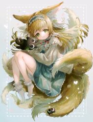 Rule 34 | 1girl, absurdres, animal ear fluff, animal ears, ankle socks, arknights, black cat, blonde hair, blue hairband, blue skirt, bobby socks, cardigan, cat, closed mouth, commentary request, crossover, fox ears, fox girl, fox tail, frilled hairband, frills, green eyes, grey background, hair ornament, hair scrunchie, hairband, heixiu, high-waist skirt, highres, kitsune, kyuubi, long hair, long sleeves, looking at viewer, luo xiaohei, luo xiaohei zhanji, multicolored hair, multiple tails, neck ribbon, no shoes, official alternate costume, open cardigan, open clothes, partial commentary, puffy long sleeves, puffy sleeves, red ribbon, ribbon, scrunchie, shirt, skirt, socks, solo, stitches, suzuran (arknights), suzuran (spring praise) (arknights), syukonbu, tail, two-tone hair, white hair, white shirt, white socks, yellow cardigan