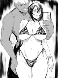 Rule 34 | 1boy, 1girl, black beat, breasts, highres, large breasts, monochrome, smile