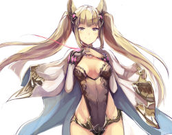 Rule 34 | 10s, 1girl, animal ears, blonde hair, breasts, brown eyes, cape, covered navel, cowboy shot, erune, granblue fantasy, hair ornament, highres, leotard, long hair, long sleeves, looking at viewer, metera (granblue fantasy), mole, mole under mouth, simple background, small breasts, smile, solo, twintails, very long hair, white background, yoshizawa tsubaki