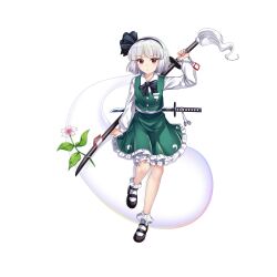 Rule 34 | 1girl, black bow, black bowtie, black footwear, black hairband, bow, bowtie, closed mouth, flower, frilled skirt, frills, full body, game cg, ghost, green skirt, green vest, grey hair, hairband, highres, konpaku youmu, konpaku youmu (ghost), looking at viewer, perfect cherry blossom, pink flower, red eyes, rotte (1109), shirt, short hair, simple background, skirt, socks, solo, third-party source, touhou, touhou lostword, vest, white background, white shirt, white socks