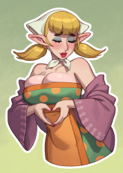 Rule 34 | 1girl, absurdres, bare shoulders, blush, breasts, cleavage, closed eyes, eyeshadow, female focus, highres, large breasts, lipstick, makeup, medium hair, mole, mole above mouth, nail polish, nintendo, peatrice (zelda), pointy ears, riz, skindentation, solo, the legend of zelda, the legend of zelda: skyward sword, twintails