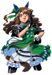 Rule 34 | 1990s (style), 1girl, animal ears, araizumi rui (style), black gloves, black thighhighs, brown hair, buttons, dress, ear covers, frilled dress, frilled thighhighs, frills, garter straps, gloves, green dress, hand on own hip, highres, horse ears, horse girl, horse tail, king halo (umamusume), layered dress, looking at viewer, ojou-sama pose, open mouth, red eyes, retro artstyle, simple background, sin emu, smile, solo, tail, thighhighs, umamusume, white background