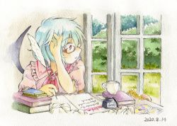 Rule 34 | 2girls, bat wings, bespectacled, blue hair, book, book stack, brooch, commentary request, crumpled paper, cup, dated, day, flower wreath, glasses, hand up, hijiki (hijiri st), holding, holding quill, indoors, inkwell, jewelry, multiple girls, open mouth, parody, pink shirt, quill, red eyes, red neckwear, remilia scarlet, shirt, short sleeves, table, teacup, tonari no totoro, touhou, traditional media, window, wings