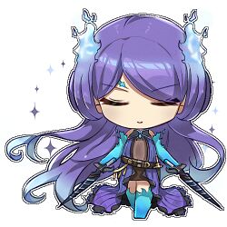 Rule 34 | 1girl, bare shoulders, blue fire, blue hair, blue thighhighs, brighid (xenoblade), chibi, closed eyes, closed mouth, commentary request, dress, dual wielding, facing viewer, fiery hair, fire, full body, gradient hair, holding, holding sword, holding weapon, lowres, multicolored hair, purple dress, purple hair, simple background, solo, sparkle, standing, swept bangs, sword, thighhighs, weapon, white background, xenoblade chronicles (series), xenoblade chronicles 2, zer00han