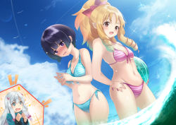 Rule 34 | 10s, 3girls, aqua bikini, ball, bare arms, bare legs, beachball, bikini, blue eyes, bow, breasts, cleavage, cloud, cloudy sky, commentary request, cowboy shot, day, drooling, embarrassed, enatsu, eromanga sensei, front-tie top, hair bow, head tilt, highres, izumi sagiri, looking at another, looking at viewer, medium breasts, midriff, multicolored bikini, multicolored clothes, multiple girls, navel, outdoors, partially submerged, pointy ears, ponytail, red bikini, senju muramasa, silver hair, sky, small breasts, sparkle, sparkling eyes, standing, standing on liquid, stomach, striped bikini, striped clothes, sunlight, swimsuit, symbol-shaped pupils, thighs, wading, water, wavy hair, yamada elf