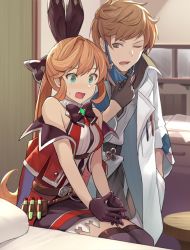 Rule 34 | 1boy, 1girl, bare shoulders, bed, belt, black bow, black gloves, black ribbon, black thighhighs, blush, bow, bowtie, breasts, brown eyes, brown hair, clarisse (granblue fantasy), commentary request, doctor (granblue fantasy), embarrassed, gloves, gran (granblue fantasy), granblue fantasy, green eyes, hair between eyes, hair bow, hair ribbon, hand in pocket, hinami (hinatamizu), hospital bed, indoors, jacket, lab coat, long hair, mask, mask pull, medium breasts, mouth mask, one eye closed, open mouth, orange hair, ponytail, red jacket, ribbon, sitting, skirt, sleeveless, surgical mask, test tube, thighhighs, zettai ryouiki