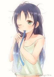 Rule 34 | 1girl, alternate costume, artist name, bare arms, blue ribbon, camisole, collarbone, commentary, gradient hair, green eyes, hair ribbon, kantai collection, long hair, mae (maesanpicture), messy hair, mouth hold, multicolored hair, navel, one eye closed, ribbon, ribbon in mouth, simple background, solo, suzukaze (kancolle), tying hair, white background