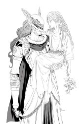 Rule 34 | 1boy, 1girl, arm around neck, artist name, braid, brother and sister, cape, carrying, collarbone, commentary request, covered eyes, dress, elden ring, flower, greyscale, helmet, highres, holding, holding flower, jdori, korean commentary, lineart, long hair, looking at another, malenia blade of miquella, miquella (elden ring), monochrome, prosthesis, prosthetic arm, scar, siblings, signature, simple background, smile, trap, wavy hair, white background, winged helmet