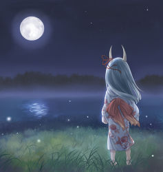Rule 34 | 1girl, bad id, bad pixiv id, barefoot, blue hair, ex-keine, female focus, fireflies, from behind, grass, horns, japanese clothes, kamishirasawa keine, kimono, kyuu umi, long hair, moon, night, night sky, reflection, sky, solo, standing, star (sky), starry sky, touhou, white hair, aged down