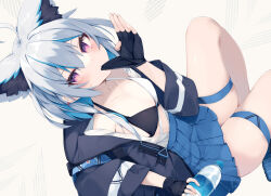 Rule 34 | 1girl, ahoge, animal ear fluff, animal ears, black gloves, black jacket, blue hair, blue skirt, bottle, breasts, brown background, commentary request, fingerless gloves, from above, from side, gloves, hair between eyes, highres, holding, holding bottle, jacket, long sleeves, looking at viewer, looking to the side, looking up, multicolored hair, nibiiro shizuka, open clothes, open jacket, open shirt, original, pleated skirt, purple eyes, shirt, simple background, sitting, skindentation, skirt, small breasts, solo, streaked hair, thigh strap, water bottle, white shirt