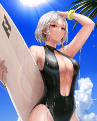 Rule 34 | 1girl, bare arms, bare shoulders, black one-piece swimsuit, blue sky, blush, breasts, casual one-piece swimsuit, center opening, collarbone, commentary request, day, dungeon and fighter, earrings, female slayer (dungeon and fighter), flipped hair, from below, halterneck, highleg, highleg swimsuit, holding, jewelry, korean commentary, large breasts, looking at viewer, monaim, navel, one-piece swimsuit, outdoors, palm tree, red eyes, shiny clothes, short hair, silver hair, sky, smile, solo, standing, sunlight, surfboard, swimsuit, sword master (dungeon and fighter), tree, water, wet, wet clothes