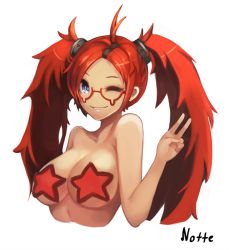 Rule 34 | 1girl, ;), antenna hair, bad id, bad pixiv id, blue eyes, breasts, glasses, hair ornament, large breasts, long hair, mary lucy, notte, nude, one eye closed, parted bangs, pasties, red-framed eyewear, red hair, semi-rimless eyewear, signature, smashing the battle, smile, solo, star pasties, teardrop-framed glasses, twintails, under-rim eyewear, upper body, v, white background