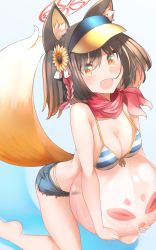 Rule 34 | 1girl, :d, animal ear fluff, animal ears, ball, barefoot, beachball, bikini, bikini under clothes, black hair, blue archive, blue background, blue shorts, breasts, brown eyes, cleavage, comah, commentary request, fang, flower, fox ears, fox girl, fox tail, front-tie bikini top, front-tie top, hair between eyes, hair flower, hair ornament, halo, hat, highres, holding, holding ball, izuna (blue archive), izuna (swimsuit) (blue archive), kneeling, looking at viewer, medium breasts, open mouth, short shorts, shorts, smile, solo, striped bikini, striped clothes, sunflower, sunflower hair ornament, swimsuit, tail, visor cap, yellow flower, yellow hat