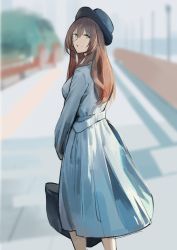 Rule 34 | 1girl, absurdres, bad id, bad twitter id, bag, black hat, blue coat, blurry, blurry background, brown hair, coat, commentary, dokshuri, feet out of frame, girls&#039; frontline, green eyes, hair between eyes, hat, highres, holding, holding bag, long hair, long sleeves, looking at viewer, looking back, smile, solo, springfield (girls&#039; frontline), standing