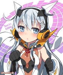 Rule 34 | 1girl, 2015, :&lt;, anchor symbol, armor, artist request, bare shoulders, black gloves, blue eyes, blush, bodysuit, breasts, character name, clenched hands, cosplay, dated, elbow gloves, eyebrows, fighting stance, flipped hair, frown, gloves, grey hair, headphones, hibiki (kancolle), high collar, highres, kantai collection, kuro chairo no neko, long hair, looking at viewer, name connection, paw print, senki zesshou symphogear, sidelocks, small breasts, solo, tachibana hibiki (symphogear), tachibana hibiki (symphogear) (cosplay), twitter username, unitard, upper body, very long hair