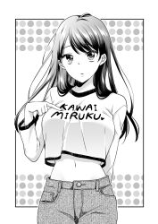 Rule 34 | 1girl, absurdres, breasts, clothes writing, crop top, greyscale, hand up, highres, ice cream kanojo, kawai miruku, kuune rin, long hair, long sleeves, looking at viewer, medium breasts, midriff, monochrome, navel, pants, parted lips, polka dot, polka dot background, romaji text, shirt, simple background, solo, translation request, white background