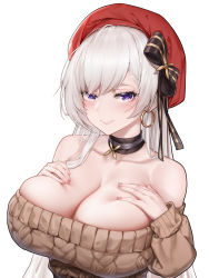 Rule 34 | 1girl, azur lane, bare shoulders, belfast (azur lane), belfast (shopping with the head maid) (azur lane), blush, breasts, brown sweater, chinese commentary, choker, cleavage, closed mouth, collarbone, commentary request, earrings, food, hands on own chest, hbb, highres, hoop earrings, huge breasts, jewelry, long hair, looking at viewer, off-shoulder sweater, off shoulder, purple eyes, red headwear, silver hair, simple background, smile, solo, sweater, very long hair, white background